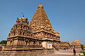 The great Chola temples of Tamil Nadu - The Brihadishwara Temple of Thanjavur. The tower with the auxiliary Ganesh shrine in the foreground. 